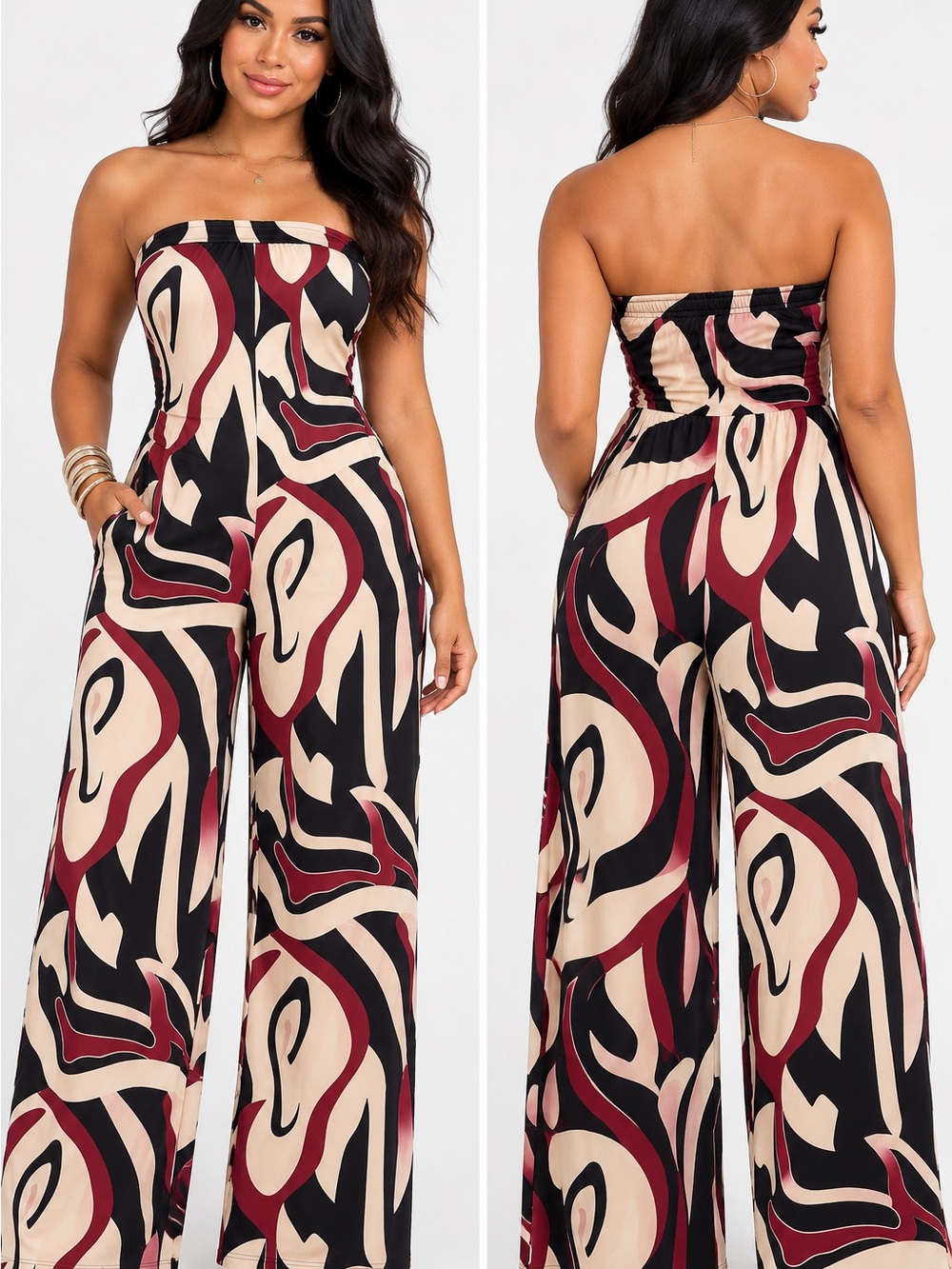 Strapless Wide-Leg Jumpsuit in Black, Cream & Burgundy